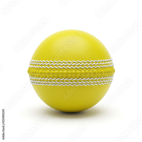 Neon Yellow Cricket Tennis Ball with White Seam Isolated on White Background