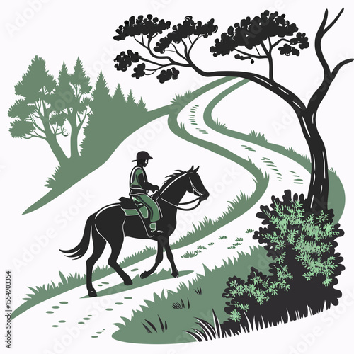 Equestrian journey on a winding path through trees and foliage horse riding trail riding