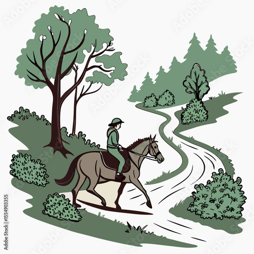 Equestrian journey through a green forest landscape horse riding trail