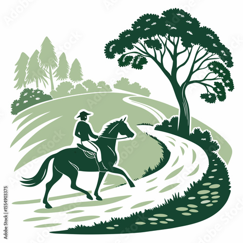 Equestrian journey through a verdant landscape with a winding path horse riding trees