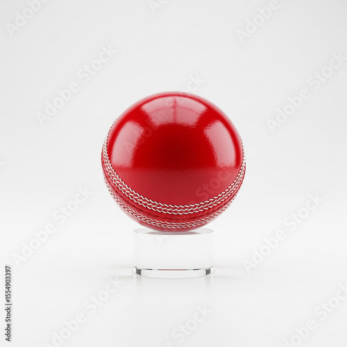 Red Cricket Ball on Transparent Stand Isolated on White Background