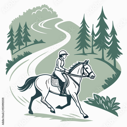 Equestrian rider on horseback on a winding path through trees horseback riding trail