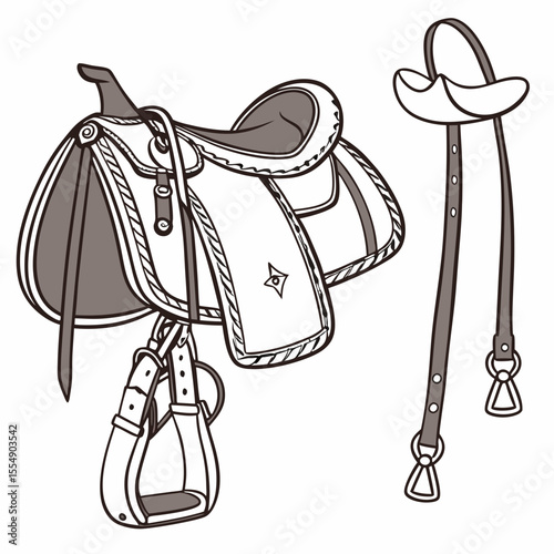 Equestrian saddle and stirrup with bridle horse tack