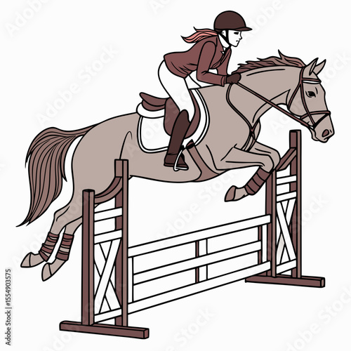 Equestrian woman jumping horse over obstacle rider competition