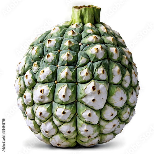 A cherimoya fruit showcases its unique, green scaly textured skin with creamy white segments in a still life photograph on an isolated