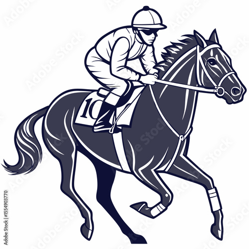 Jockey racing dark horse on white background equestrian sport