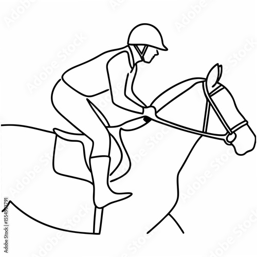 Jockey riding a horse in a simple outline drawing equestrian sport