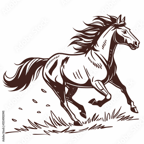 Majestic brown horse galloping through grassy field mustang running