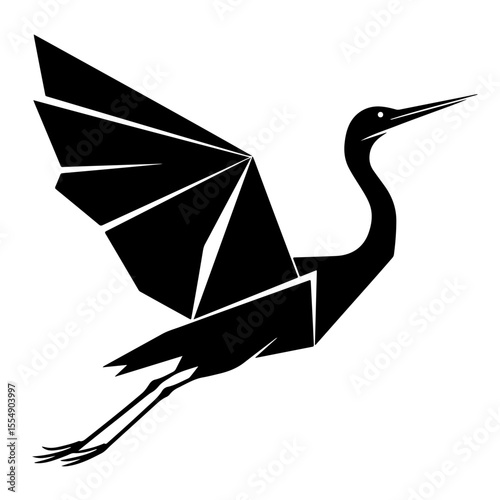 Black and white stylized crane illustration, vector art design element