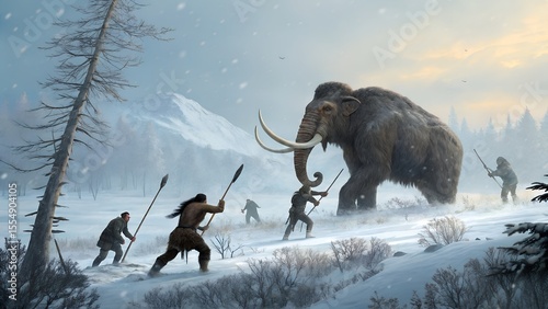Prehistoric Hunters Confronting a Woolly Mammoth in a Snowy Ice Age Landscape