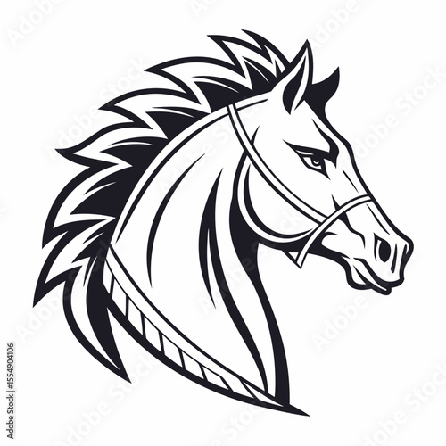 Powerful black horse head profile with stylized mane and bridle equine animal
