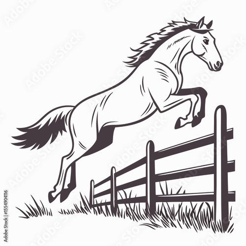 Powerful horse leaping over a wooden fence during a competition jumping equestrian