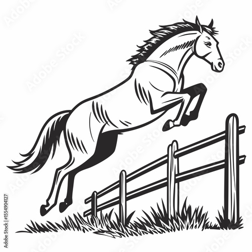 Powerful horse leaping over wooden fence during competition jumping equestrian