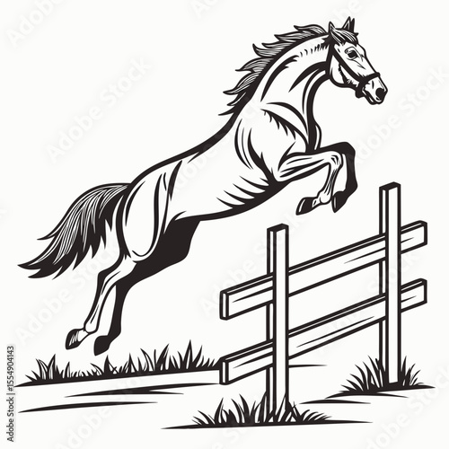 Powerful horse leaping over wooden barrier in equestrian competition jumping sport