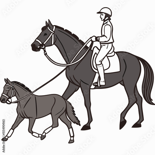 Rider leading dark horse with foal on white background equestrian