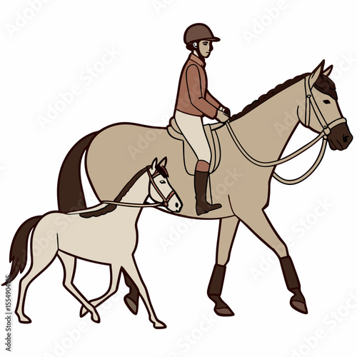 Rider leading horse and foal on white equestrian