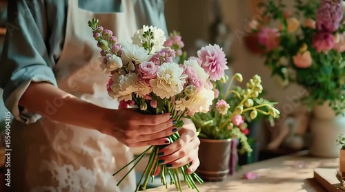 Florist arranges flower bouquet delicately. Slow motion. 4K.
