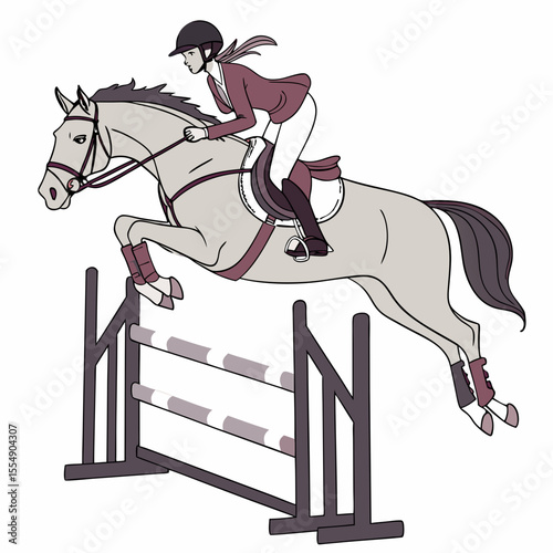 Woman rider jumping horse over obstacle equestrian competition