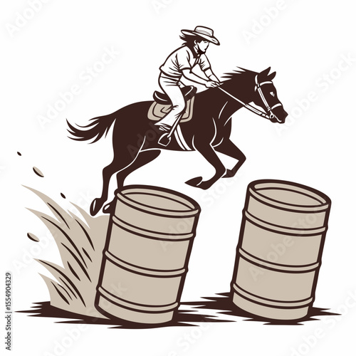 Barrel racing cowboy galloping past barrels horse rodeo