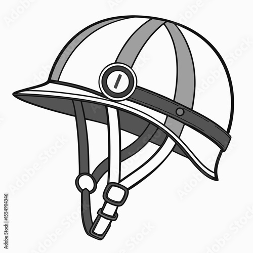 Black and white equestrian helmet with chin strap and buckle horse riding safety gear