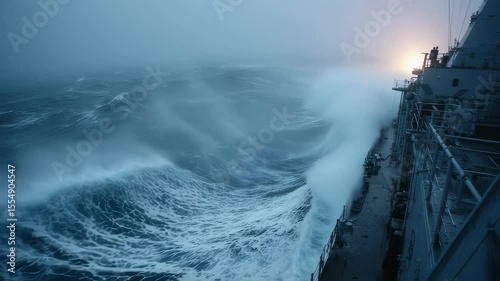 A dramatic side view of a ship at full throttle where the bow is submerged partially in a wave and water sprays outward in a fine mist capturing the powerful interaction between the