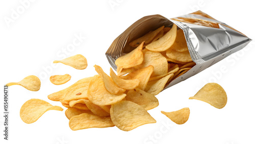 Crispy potato chips spilling from a foil bag, creating a tempting snack still life against a transparent backdrop, ideal for food photography projects.