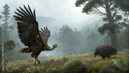Pleistocene Megafauna Ancient Landscape Haast Eagle Moa Prehistoric Animals Foggy Wilderness
