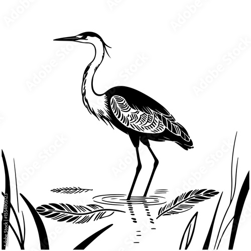 Black and white heron illustration, vector art, nature design element