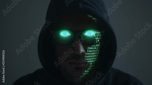 Silhouette of person in a hooded sweatshirt featuring digital code projected on the face with glowing eyes against a dark gray background. Concept of cyber security or digital identity.