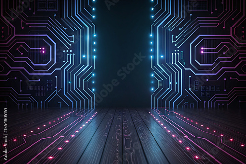 Futuristic Digital Circuit Room with Neon Glow