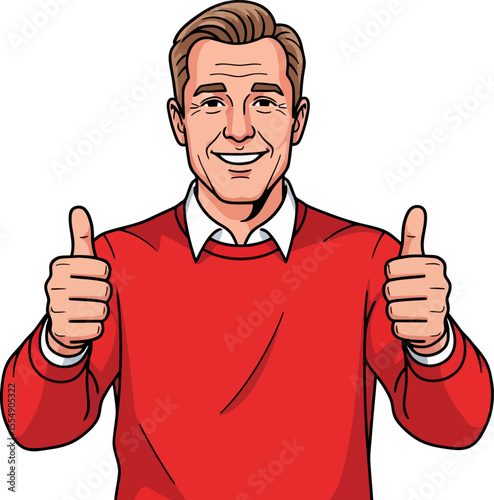 Happy businessman giving two thumbs up with a smile and red sweater