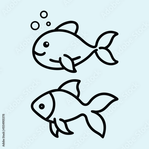 A vibrant cartoon goldfish with bubbles and a black outline drawing of a fish.