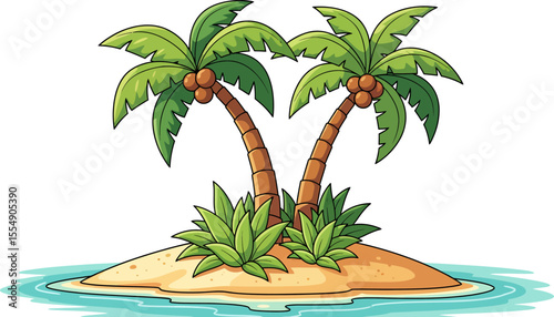 Tropical Island Paradise with Twin Palm Trees and Lush Greenery Surrounded by Water