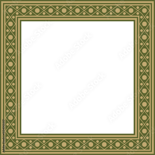 Vector square gold with green ancient Russian ornament. Slavic rectangle, border, frame. Painting of the royal chambers.
