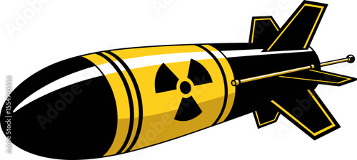 A stylized cartoon illustration of a nuclear bomb with a radioactive symbol