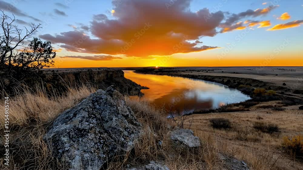 Golden Sunset over Calm River and Dry Grassland