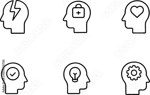 Mental health line icons set. Human head with brain, heart, light bulb, gear, and therapy symbols. Simple black outline vector illustration
