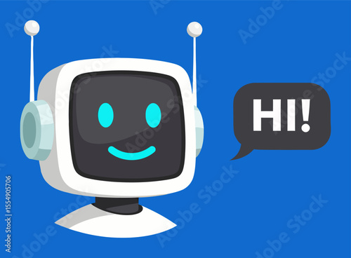 Friendly cartoon robot character greeting with a speech bubble saying HI