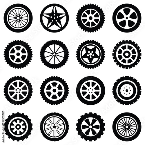 Wheel tires silhouette vector icon set. Wheels graphic black and white of stacked tires. Tire fitting services icons set in monochrome style. Vector illustration.