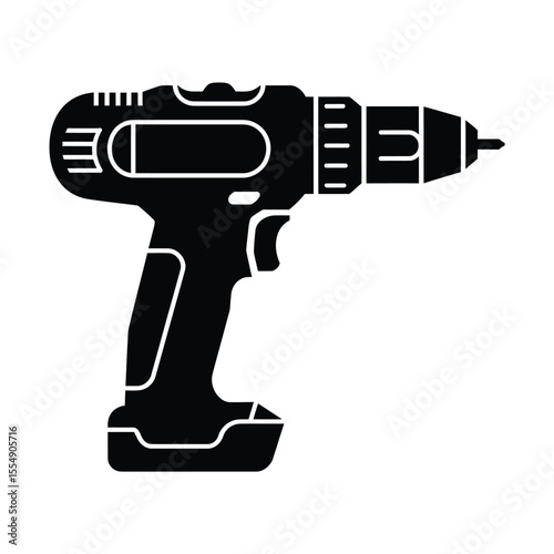 A black and white silhouette illustration of a cordless power drill against a white background