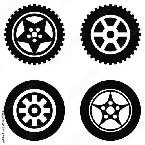 Car wheel set hand drawn silhouette vector on white background. Line and glyph tire icon. Auto tire collection. Vector illustration.