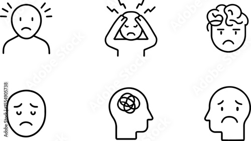 Mental health icons set. Containing depression, anxiety, stress, loneliness, psychology symbol. Vector illustration