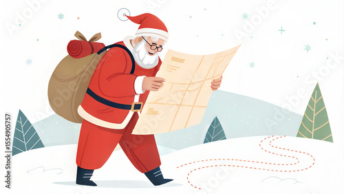 Santa Claus checking map while walking in snowy landscape  