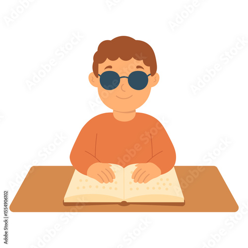 Blind child reading braille book. Visually impaired kid learning. Boy with disability reading dots