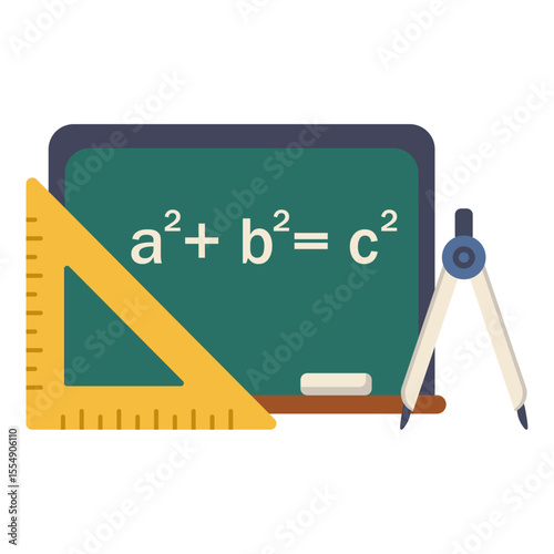 Math board with pythagorean theorem. Geometry tools and blackboard. School education concept