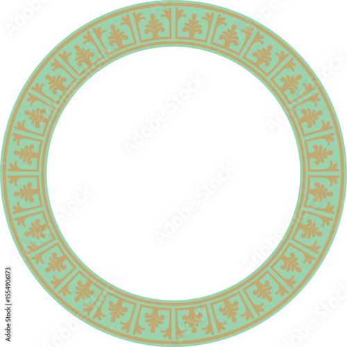 Vector gold with green round classic byzantine ornament. Circle, ring, border, Ancient Greece, Eastern Roman Empire frame. Decoration of the Russian Orthodox Church
