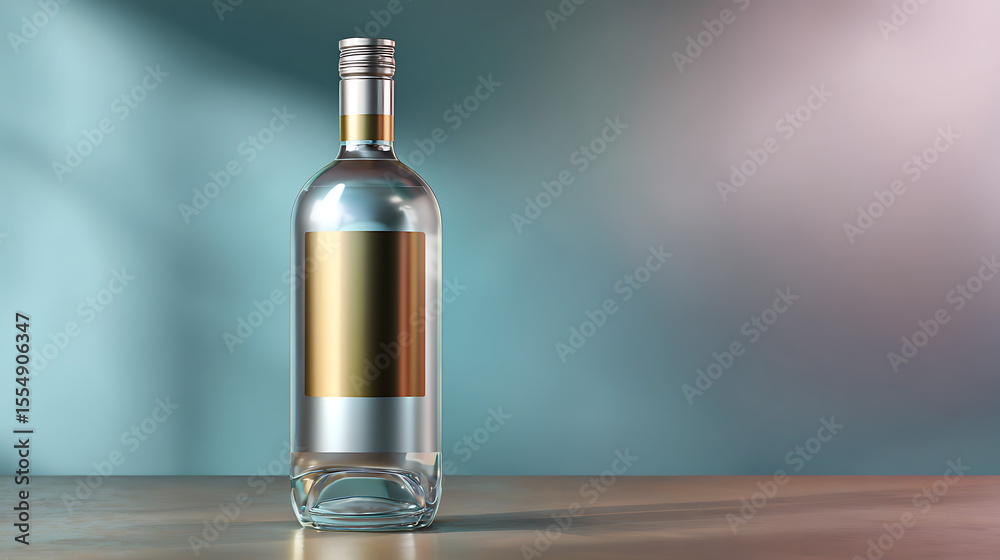 Naklejka premium Clear Glass Bottle with Gold Label on Wooden Tabletop