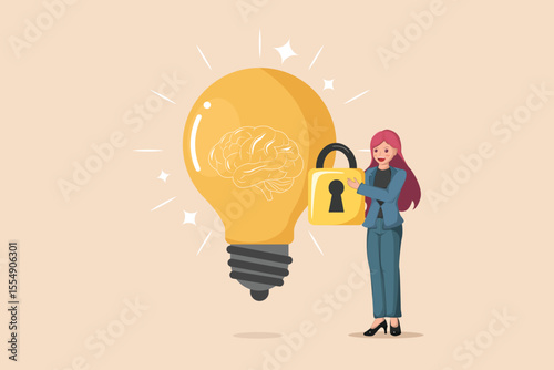 Intellectual Property Protection: Businesswoman Locking a Light Bulb Containing a Brain, Symbolizing Idea Security.
