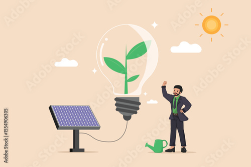 Sustainable Energy Growth: Businessman Watering a Plant Inside a Light Bulb Powered by a Solar Panel.