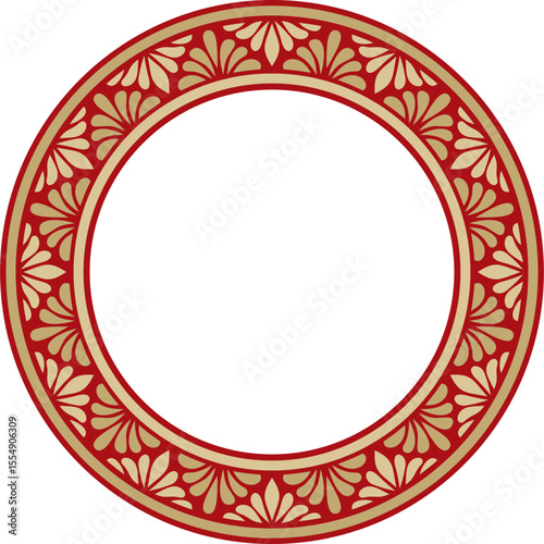 Vector gold with red round classic byzantine ornament. Circle, ring, border, Ancient Greece, Eastern Roman Empire frame. Decoration of the Russian Orthodox Church
